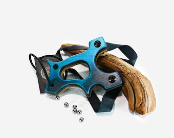 Wooden Sling Shot, The Hooligan, Dark Aqua Spectraply Wood, OOAK handmade Catapult, OTF Slingshot, Hunting Gift, Survivalist Gift