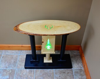 Handmade Live Edge End Table, Japandi Coffee Table, LED Deer Antler & Pine Carving