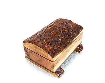 Handcrafted Cherry Wood Keepsake Box: Rustic Bark Lid, Walnut Base