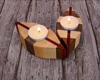 Handmade Wood Tea Light Candle Holder Set: Walnut, Maple & Padauk