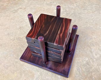 Shou Sugi Ban Pine Coaster Set with Holder: Handmade Rustic Decor