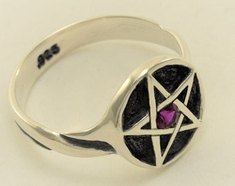 Sterling Silver Pentacle Signet Ring with 3mm Flush Set Garnet, Emerald, Ruby, Amethyst, Topaz, Sapphire, Peridot, Aquamarine