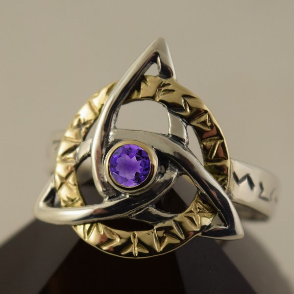 20mm  Triquetra Trinity knot with Runic Band Ring,  Handmade in Sterling Silver with 14K Gold Runic ring and Bezel set 4mm Round Cut Stone