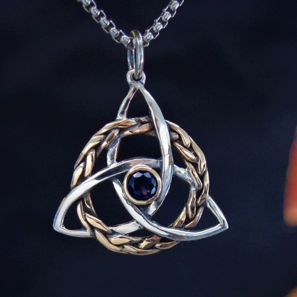 Triquetra or Trinity knot, Handmade in Sterling Silver and 14K gold with 5mm bezel set stone and Bronze or .925 Braided Binding Circle