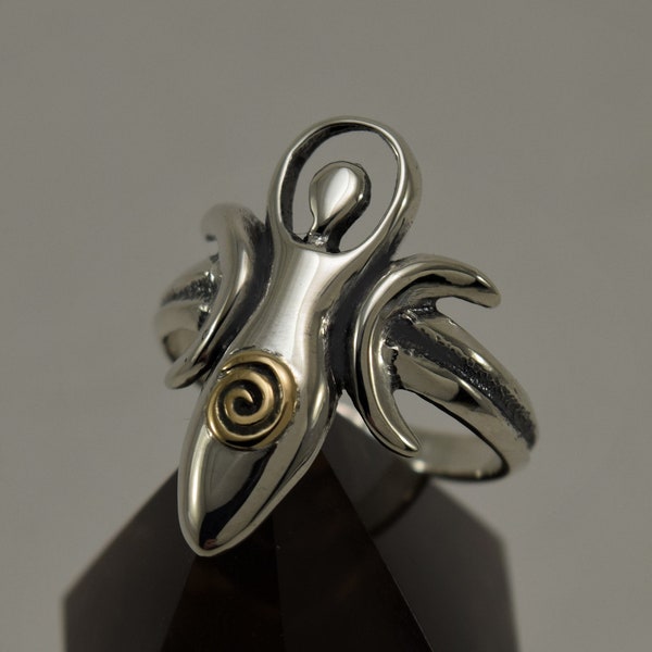 25mm Moon Goddess Ring Handcrafted in Sterling Silver with 14K Gold Spiral