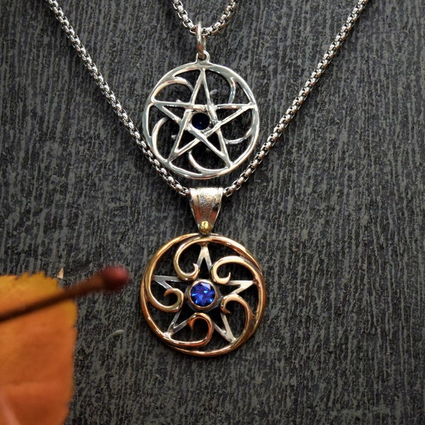 1" Fibonacci Spiral Pentacle Handcrafted in Sterling Silver, 14K gold and Bronze with your choice of 5mm Round Cut Stone in BezelSetting