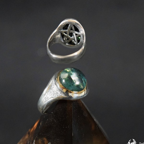 Handmade Recessed Hidden Pentacle Ring in Sterling Silver with 10mm Cabochon Stone set in 14K gold Bezel