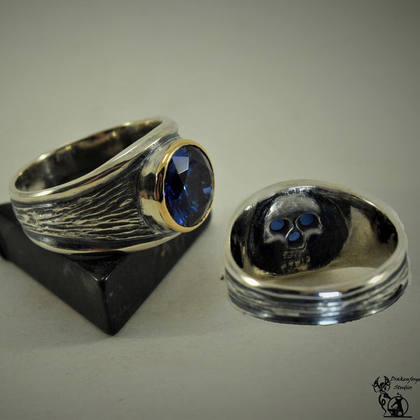 Handmade Sterling Silver Signet Ring with Recessed Skull with 10mm Round Cut Stone set in 14K gold Bezel