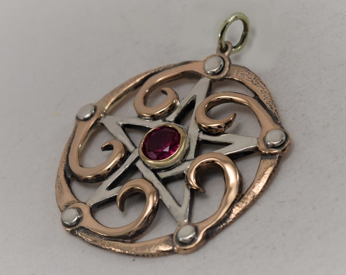 Featured listing image: 1.4 inch Pentacle with Fibonacci Spirals and Rivets Handcrafted in Sterling Silver and 14K Gold