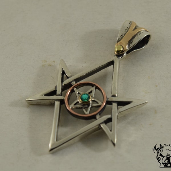 Unicursal Hexagram with Pentacle Handmade in .925 Sterling Silver, Bronze, Copper, and Brass with 14K Gold bezel set 3mm stone