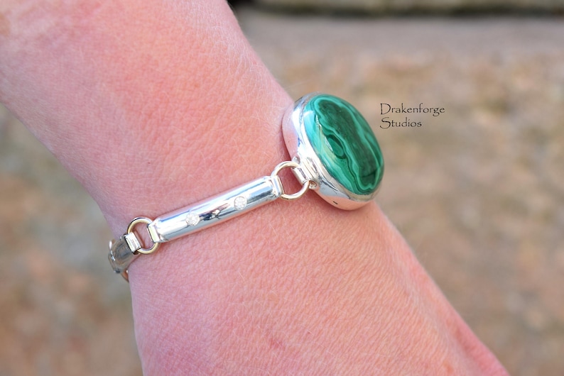 Sterling Silver Bracelet with bezel set Malachite and flush set Cubic Zirconia