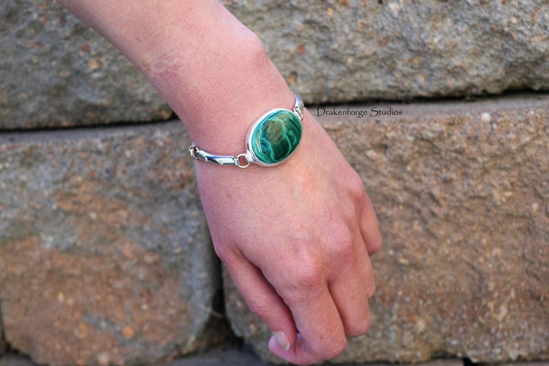 Sterling Silver Bracelet with bezel set Malachite and flush set Cubic Zirconia