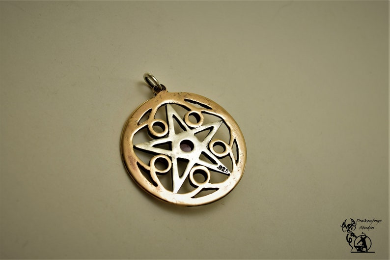 Handmade 1.5 inch Inscribed Sterling Silver Pentacle with Runic Band and Swirl Elements and 6mm Cabochon Stone