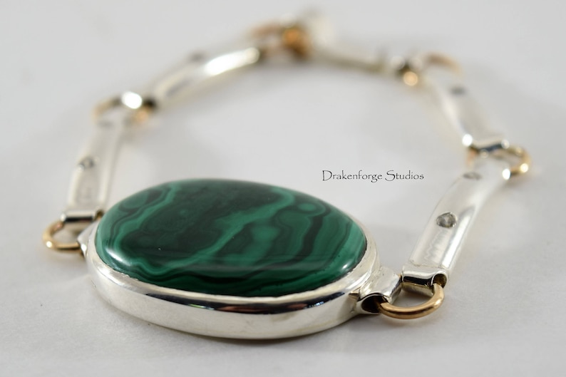 Sterling Silver Bracelet with bezel set Malachite and flush set Cubic Zirconia