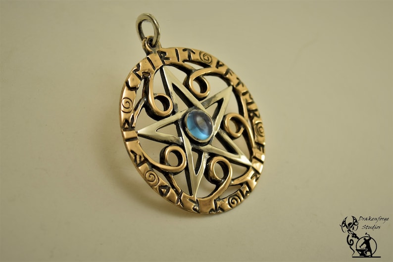 Handmade 1.5 inch Inscribed Sterling Silver Pentacle with Runic Band and Swirl Elements and 6mm Cabochon Stone