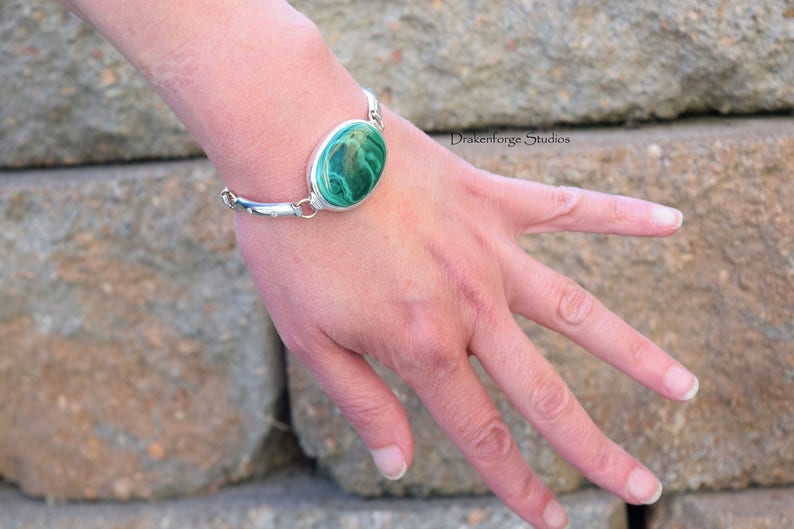 Sterling Silver Bracelet with bezel set Malachite and flush set Cubic Zirconia