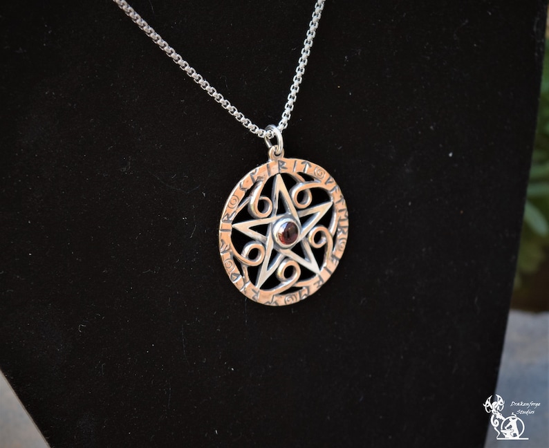 Handmade 1.5 inch Inscribed Sterling Silver Pentacle with Runic Band and Swirl Elements and 6mm Cabochon Stone