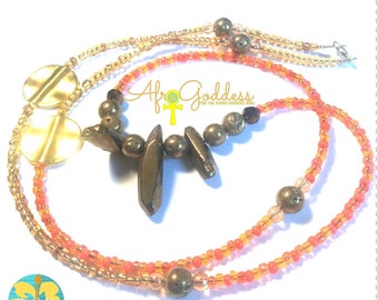Orange, Brass, Crystal Chunky WaistBead Womb Bead Fertility beads strand with crystals and semi precious stones.