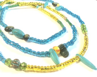 Sea blue and Yellow with Turquoise  WaistBead Womb Bead Fertility beads strand with crystals and semi precious stones