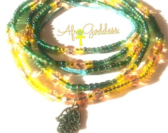 Green, Yellow, Pink with Ahimsa symbol WaistBead Womb Bead Fertility beads strand with crystals and semi precious stones