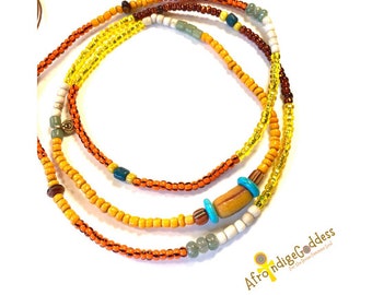 Yellow Orange African Maasai & African Brass Beads, and African Trade Bead center, Goddess Oshun, WaistBead Womb Bead Fertility beads strand