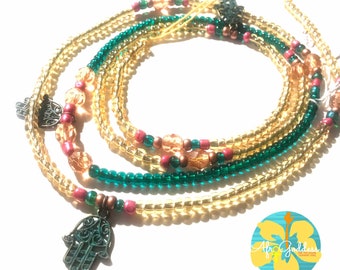 Gold with Green and Ahimsa symbol WaistBead Womb Bead Fertility beads strand with crystals and semi precious stones