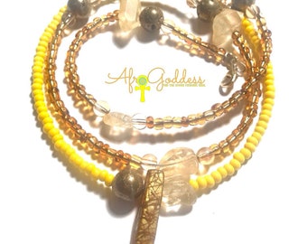 Yellow, Gold, Citrine Quartz Crystal and Shell Chunky WaistBead Womb Bead Fertility beads strand with crystals and semi precious stones
