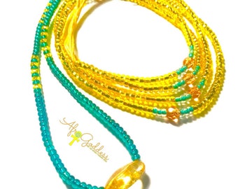 Sea Green, Yellow, with Citrine chunk WaistBead Womb Bead Fertility beads. Goddesses Osun & Yemoja