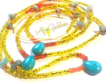 Turquoise howlite with yellow and orange WaistBead Womb Bead Fertility beads strand with crystals and sem