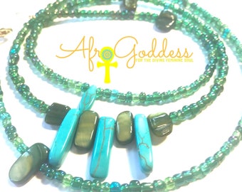 Sea blue and Green with Howlite and shell WaistBead Womb Bead Fertility beads strand with crystals and semi precious stones
