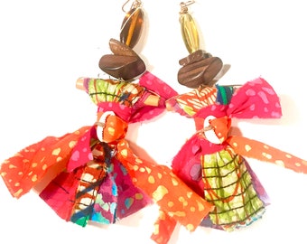 Batik Egungun Dolls, Batik Doll Eardangles, Fabric Earrings, One of a kind, Collectors item, African, Tribal, AfroGoddess, Batik