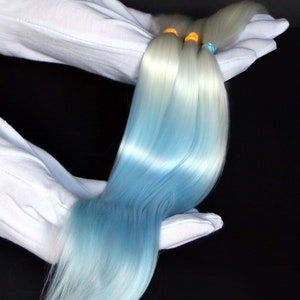 cabelo branco/azul pastel ombre Alpaca Cria para bonecas, fibra para boneca Bjd, peruca Blythe, pronta para uso lavada, penteada, minifee