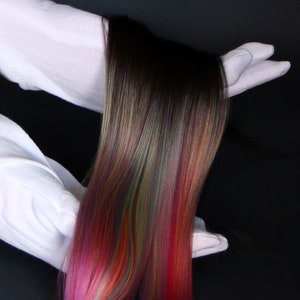 Puede incluir: Pelo largo, liso y oscuro con mechas rosas, rojas, verdes y azules.