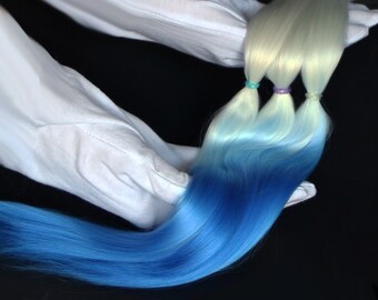 white/blue ombre Alpaca Cria hair for dolls , Fiber for Bjd doll, Blythe wig,  ready for use washed, combed, minifee