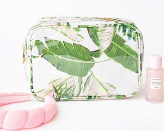 Botanical Clear Coat Rectangular Cosmetic Bag: Monogrammed Travel Toiletry Pouch-Palm Tree Make-up Bag