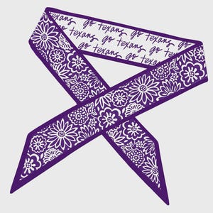 May include: A purple and white floral patterned ribbon with the text "go texans" repeated across the top. The ribbon is crossed over itself, creating an X shape. The floral pattern includes daisies and other flower designs.