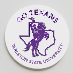 May include: A round white coaster featuring a purple graphic of a person riding a horse in front of a Texas state outline. The text GO TEXANS is arched above, and TARLETON STATE UNIVERSITY is arched below in purple capital letters.