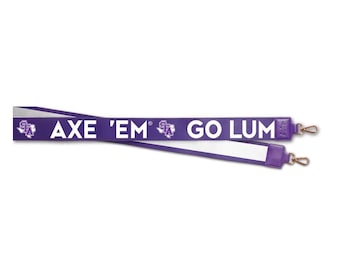 May include: Purple lanyard with white text that reads "AXE 'EM' GO LUM" and a small logo. The lanyard has two gold metal clasps.
