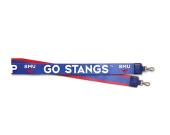 May include: A blue and red lanyard with the text "GO STANGS" in white. The lanyard has the letters "SMU" and a mustang logo. The lanyard has metal clasps on each end.