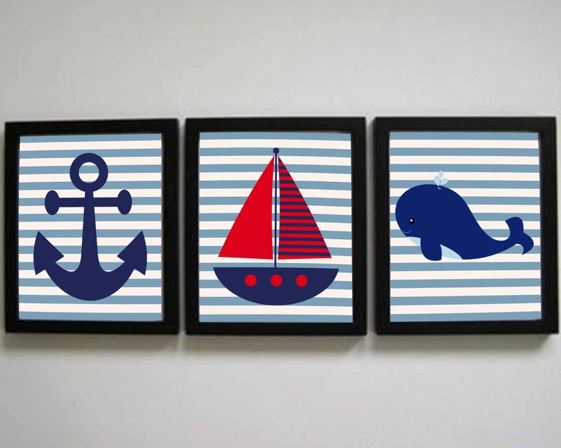 Nautical Nursey Art Blue And Red Nautical Theme Sailboat Anchor Whale Prints Toddler Room Nautical Bathroom Decor Room Decor