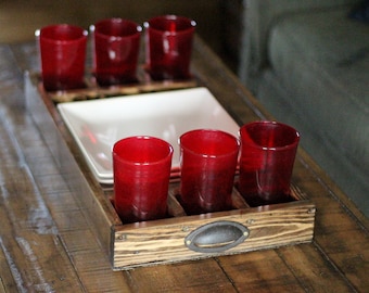 Pub Serving Tray with Six Compartments for Glasses / Wooden Box / Wood Breakfast Tray / Coffee Table Tray (24" x 12.75" x 2.75")