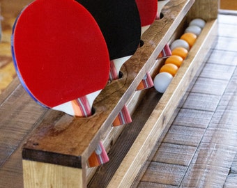Tabletop Ping Pong Paddle Holder: White Pine, 4-Paddle & Ball Storage