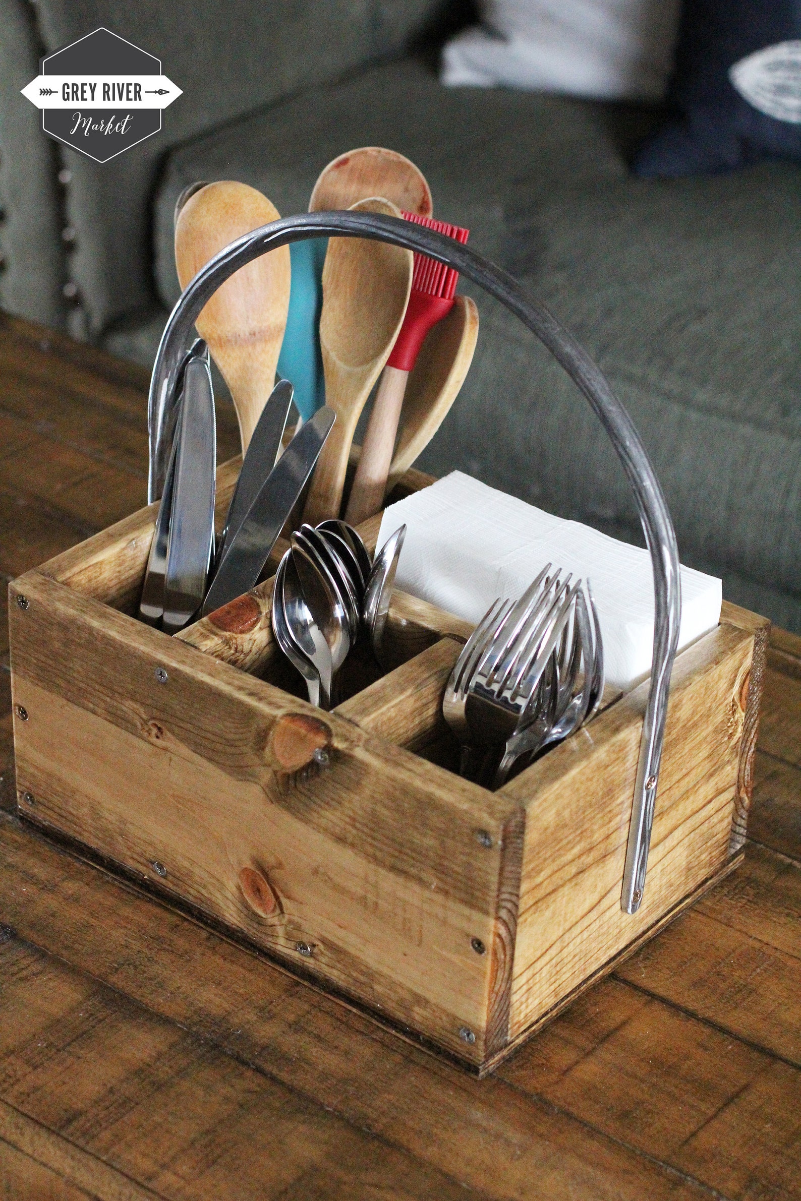 Silverware & Napkin Caddy With Iron Handle / Rustic Wood Etsy Australia