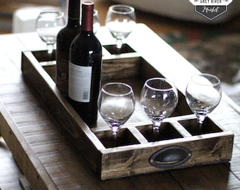 Wine Tray with Six Compartments for Glasses / Wooden Box / Wood Breakfast Tray / Coffee Table Tray (24" x 12.75" x 2.75")