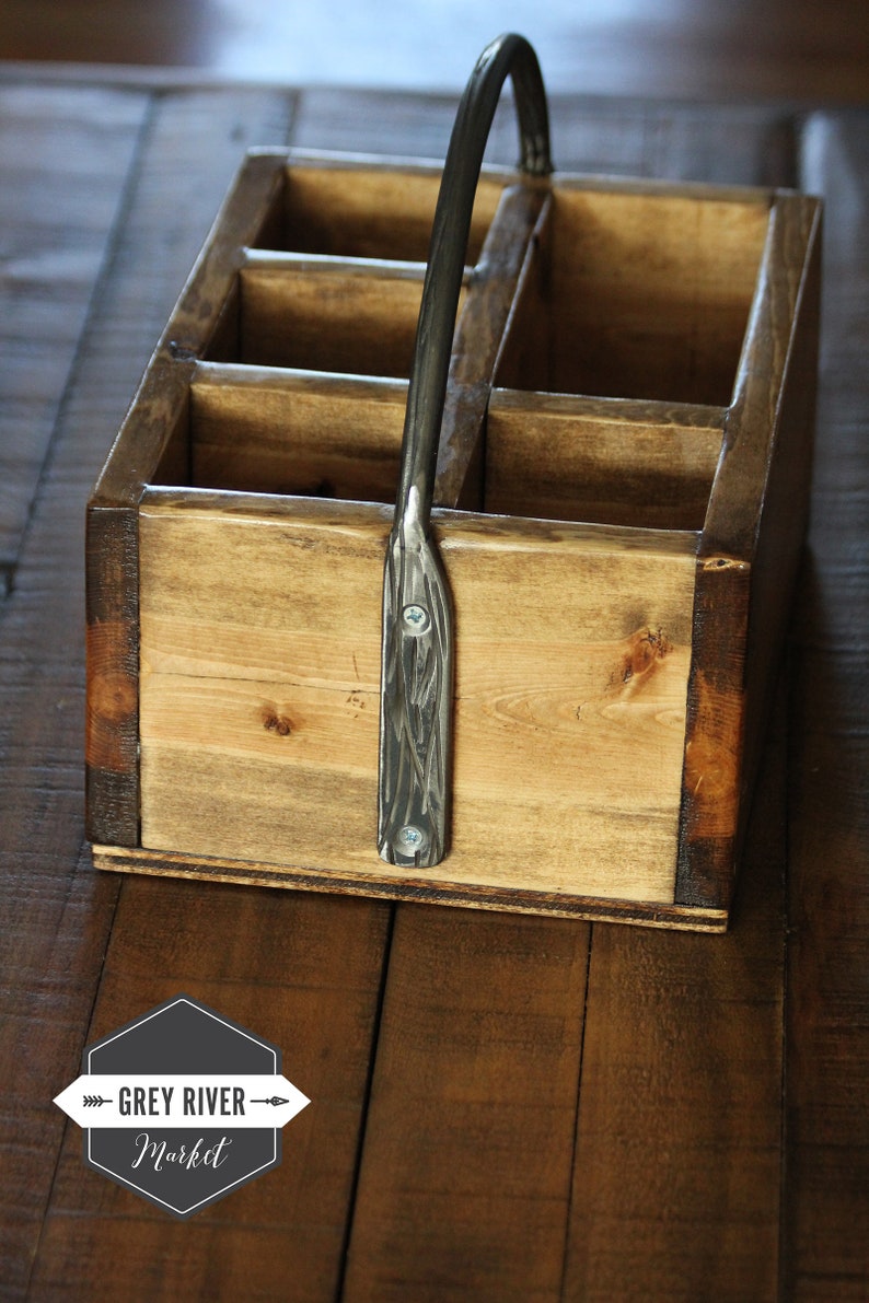 Silverware & Napkin Caddy With Iron Handle / Rustic Wood Etsy