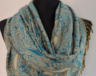 Beautiful blue multicolor Pashmina Scarf, Scarf for Women, Blue Paisley Pashmina Shawl