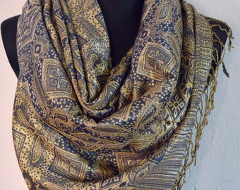 Pashmina Scarf Shawl for Women Blue Gold, GOLD Paisley Pashmina Shawl