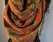 Oriental Pashmina Scarf Shawl for Women Green Orange Gold, GOLD Paisley Pashmina Shawl