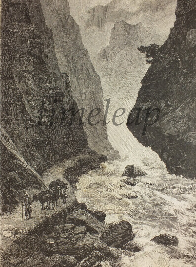 Original 1883 Antique Art Print Caucasus Mountains Engraving Mountain River Art Print Antique Illustration Landscape Scenery Art Print Rare