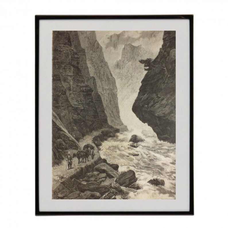 Original 1883 Antique Art Print Caucasus Mountains Engraving Mountain River Art Print Antique Illustration Landscape Scenery Art Print Rare